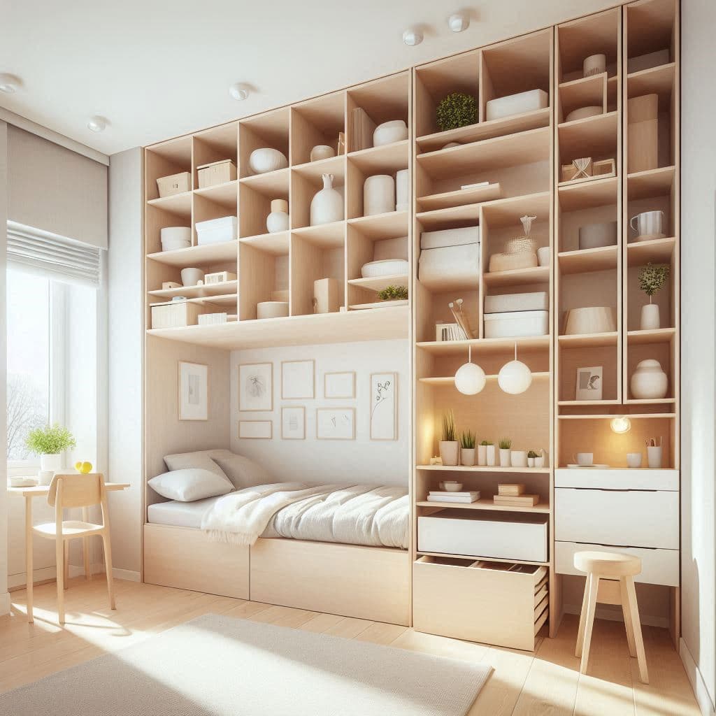 compact-living-vaggforvaring-sovrum Förvaring ovanför säng i kompakt sovrum – smart lösning för små hem