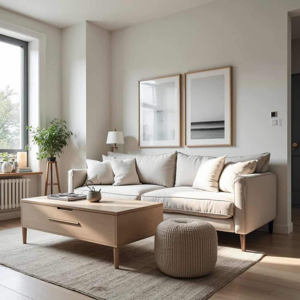 forvaring-i-vardagsrum-modernt-vitt-soffbord Förvaring i vardagsrum med modernt soffbord med dold låda framför beige soffa
