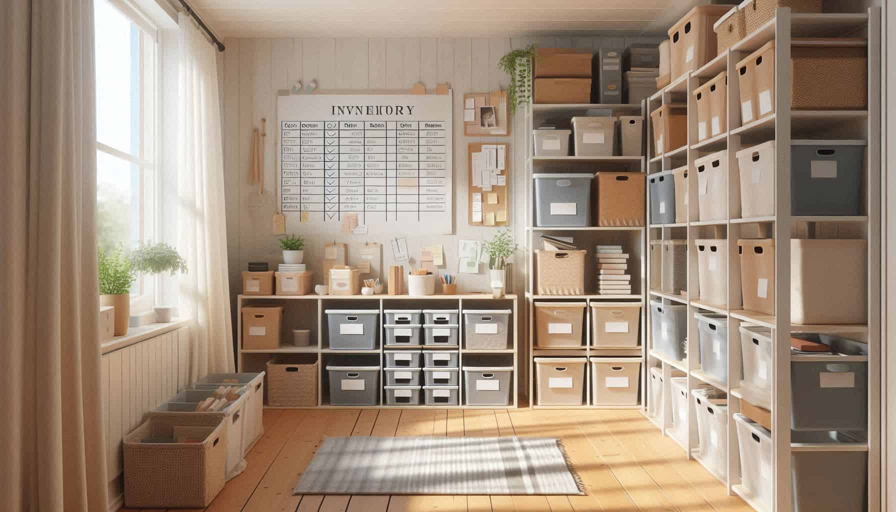 markning-for-forvaring-header. Märkning för förvaring med tydliga etiketter och inventeringslista i ett organiserat hemmakontor.