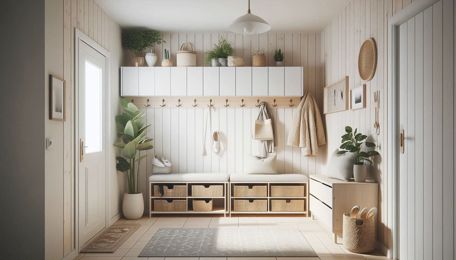 forvaring-i-hallen-header-inspiration Förvaring i hallen med väggmonterade skoskåp, förvaringslådor och krokar för jackor. Den moderna designen med ljusa träelement och gröna växter skapar en funktionell och organiserad hall.