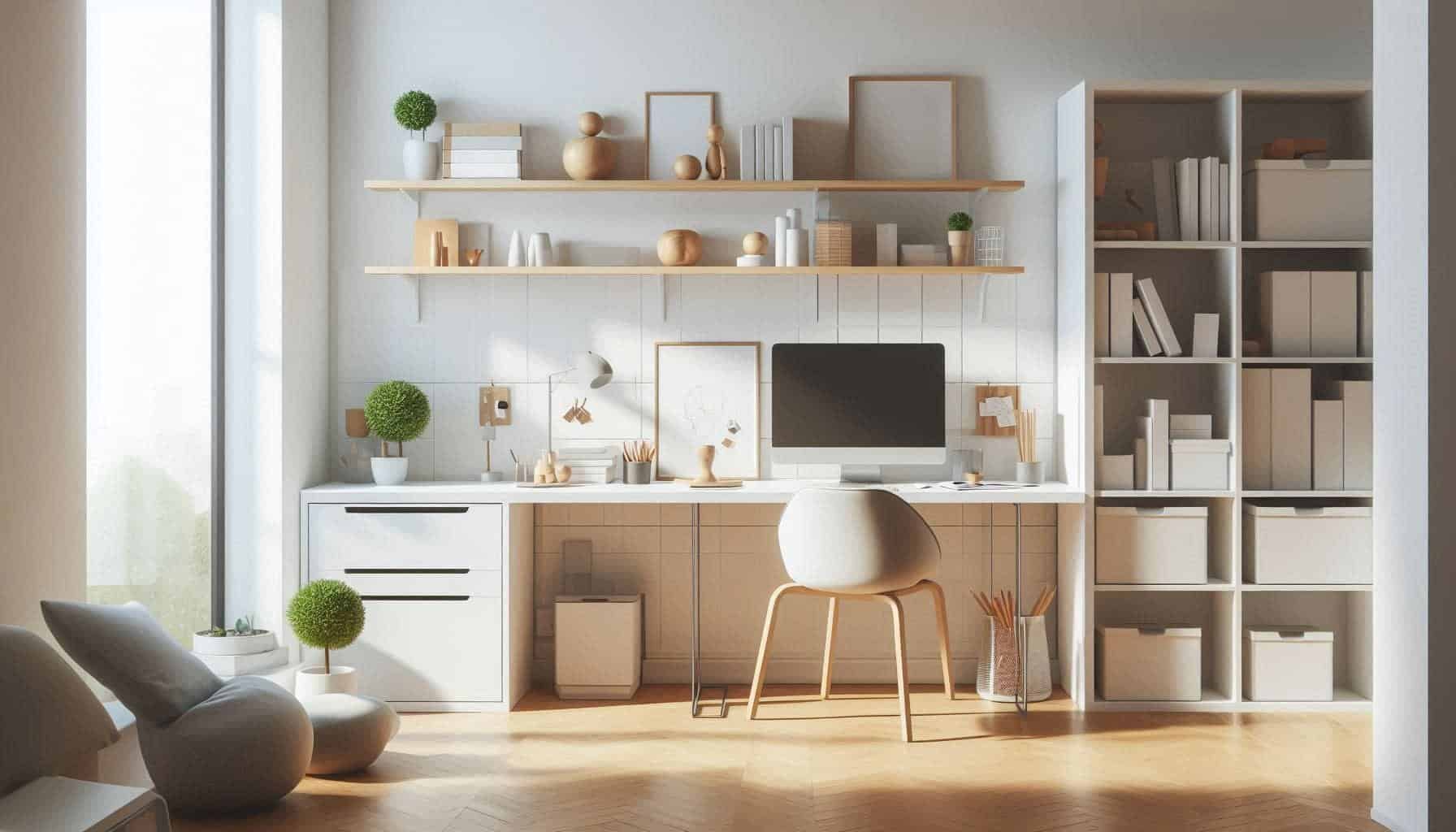arbetsyta-med-zonindelning-organiserad-hyllsystem Hemmakontor med tydlig zonindelning för arbete och förvaring. Skrivbord med hyllor och en strukturerad arbetsyta för effektiv hemorganisation.