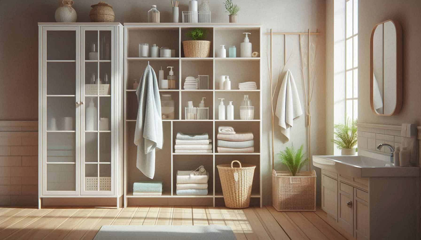 badrum-med-organiserad-forvaring-zonindelning-hemmet Badrum med tydlig zonindelning och smart förvaring. Handdukar, hygienprodukter och dekorativa element organiserade för ett välordnat och funktionellt utrymme.
