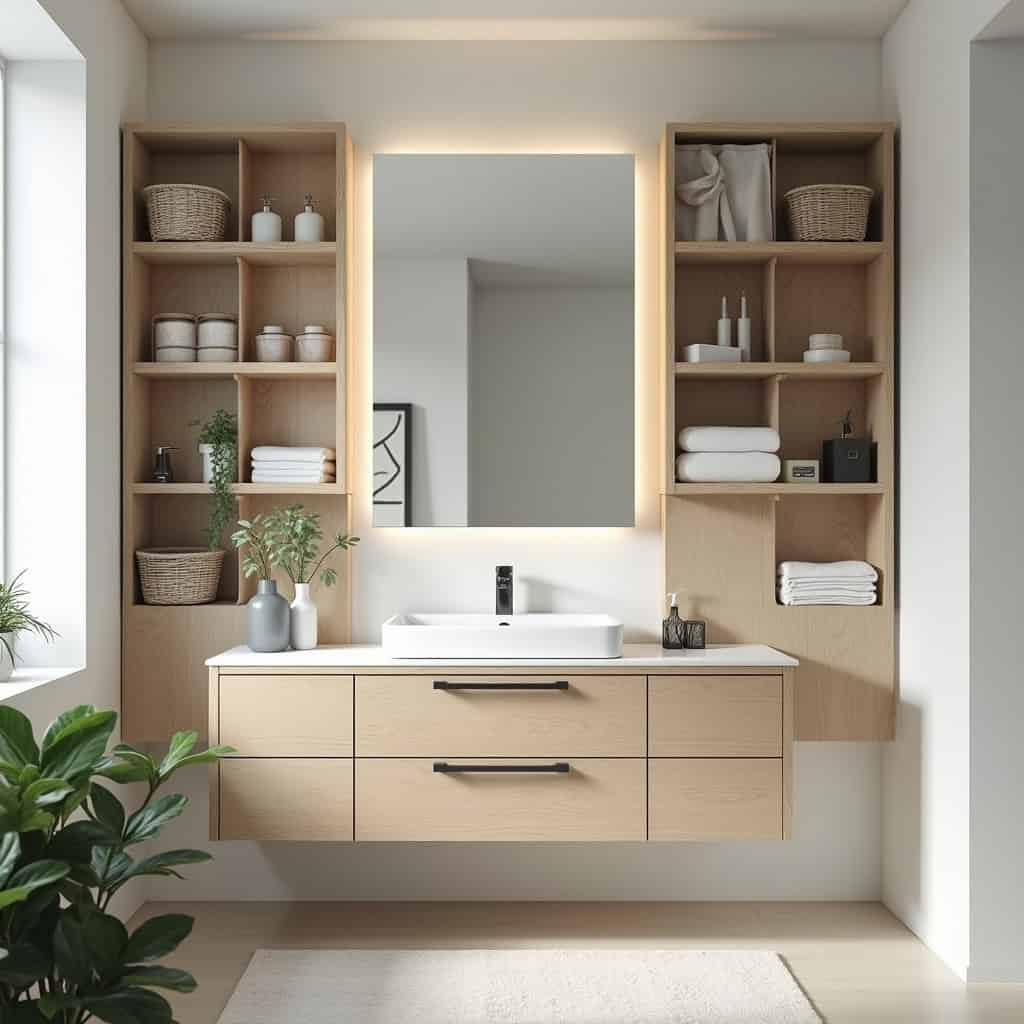 forvaring-i-litet-badrum-vaggmonterade-mobler-hyllor Väggmonterade möbler och hyllor för effektiv förvaring i litet badrum med stilren design